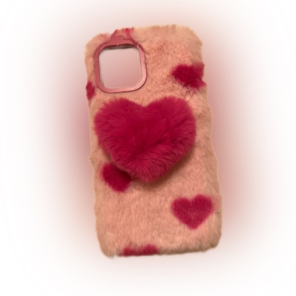 iPhone 12 ProMax Plush Pink Hearts Prints w/ Heart Phone Grip Soft Case NWT - Picture 5 of 9